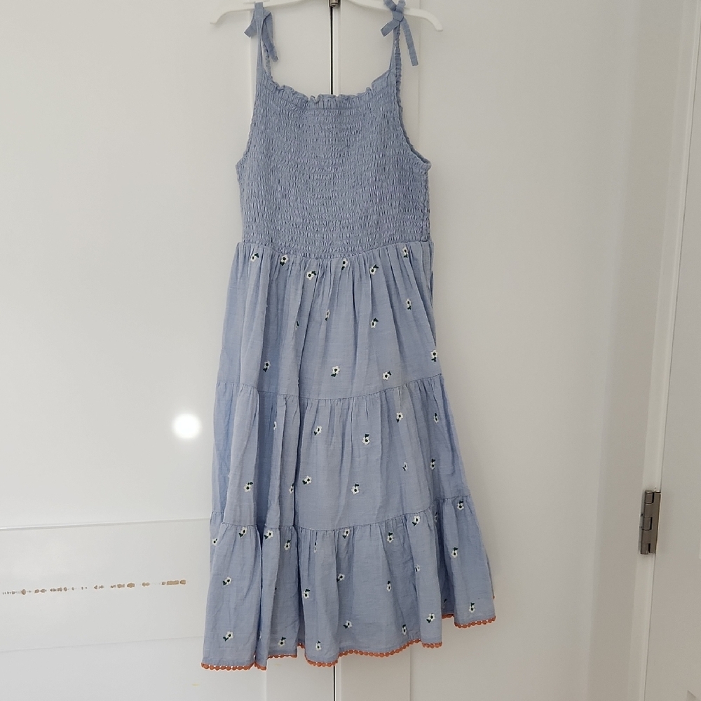 Boden Light Blue Tiered Kids Dress with Floral Accents